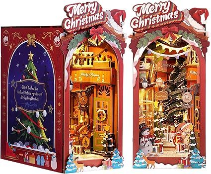 Robotime DIY miniature book nook Christmas street wooden shelf insert kit with LED lights