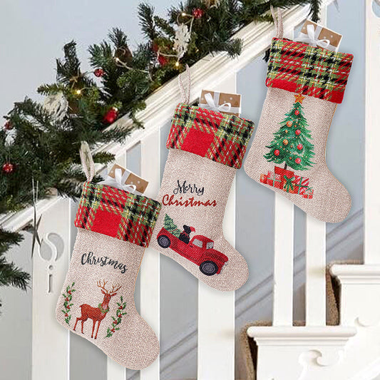 Christmas Car Linen Stockings – Holiday Gift Holder Decoration Set