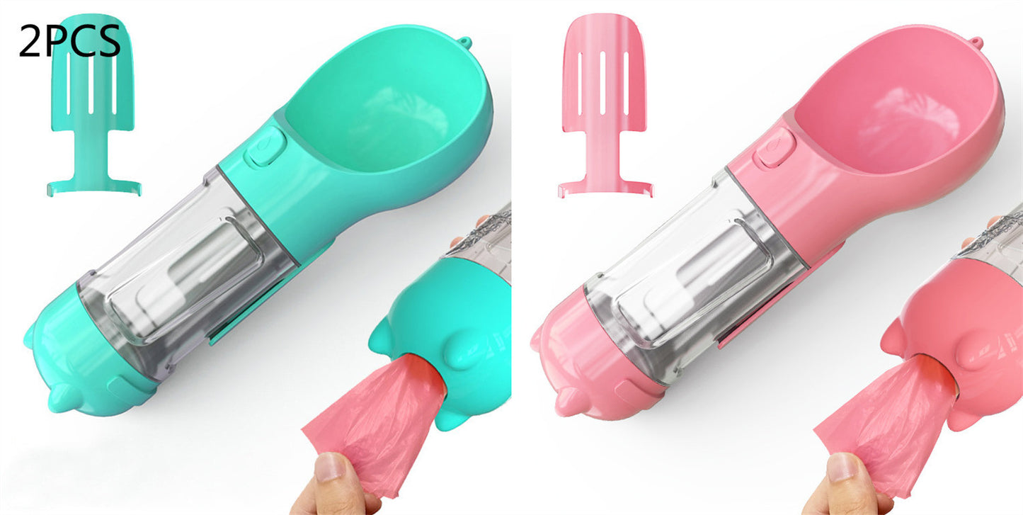 3-in-1 Portable Pet Water Bottle – Feeder Bowl & Garbage Bag Storage for Outdoor Travel
