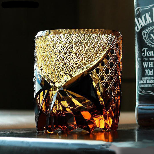 “Japanese Style Crystal Whiskey Glass – Amber Black Engraved Cup”