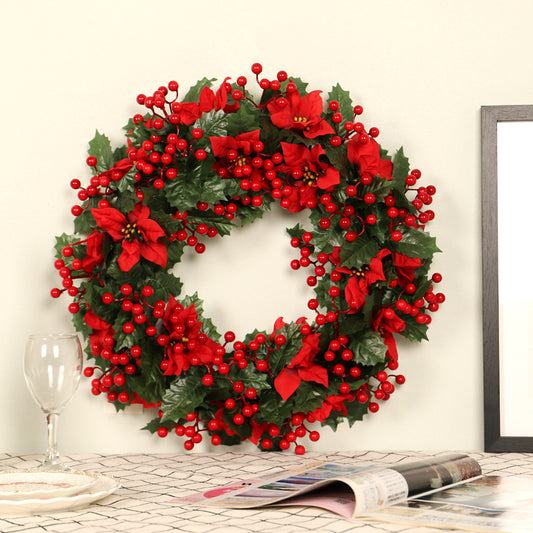 50cm Green Trident Leaves & Red Flowers Christmas Wreath – Modern holiday decoration by Pixel & Parcel Co. UK