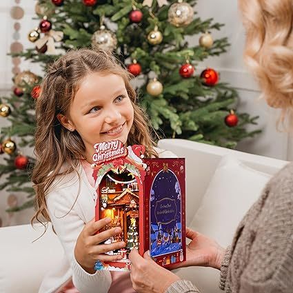 Robotime DIY Miniature Book Nook – Christmas Street Wooden Shelf Insert with LED Lights