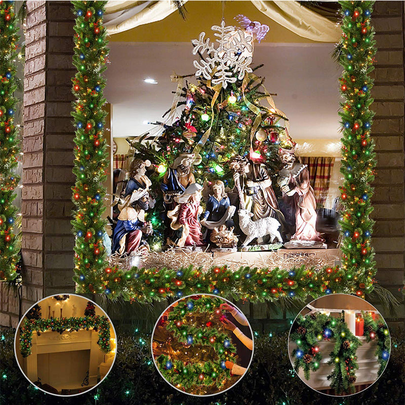2.7m Artificial Christmas Pine Wreath Garland with Red Fruits, Pinecones & LED Lights