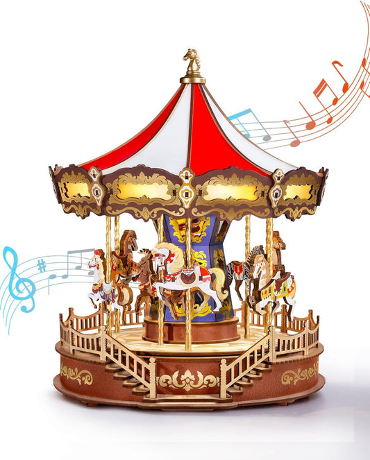 ROBOTIME 3D Wooden Puzzle Classic Carousel Music Box with LED Lights – DIY Model Kit for Adults