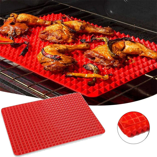 Non-stick silicone pyramid cooking and baking mat with grid for oven and BBQ use