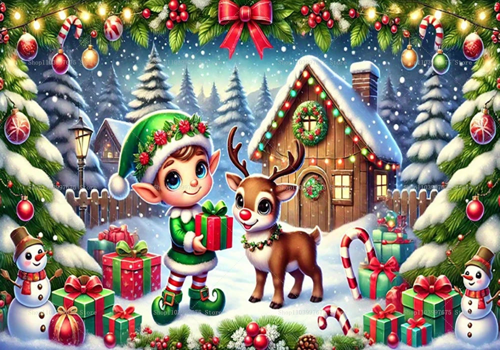 Christmas Cute Elf Scene Backdrop – Snowy Xmas Photo Booth Banner