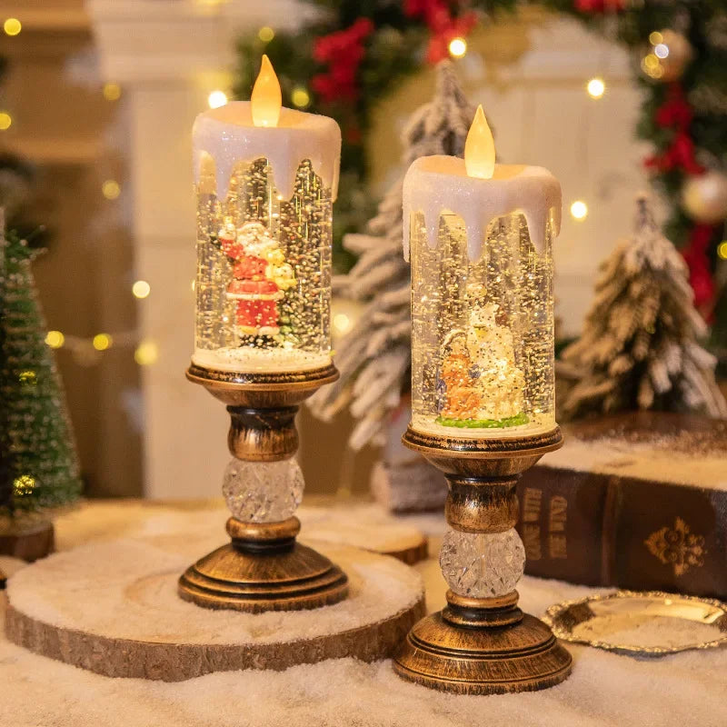Christmas Decorations & Candles – Crystal Snow Lights Holiday Gift Scene Layout