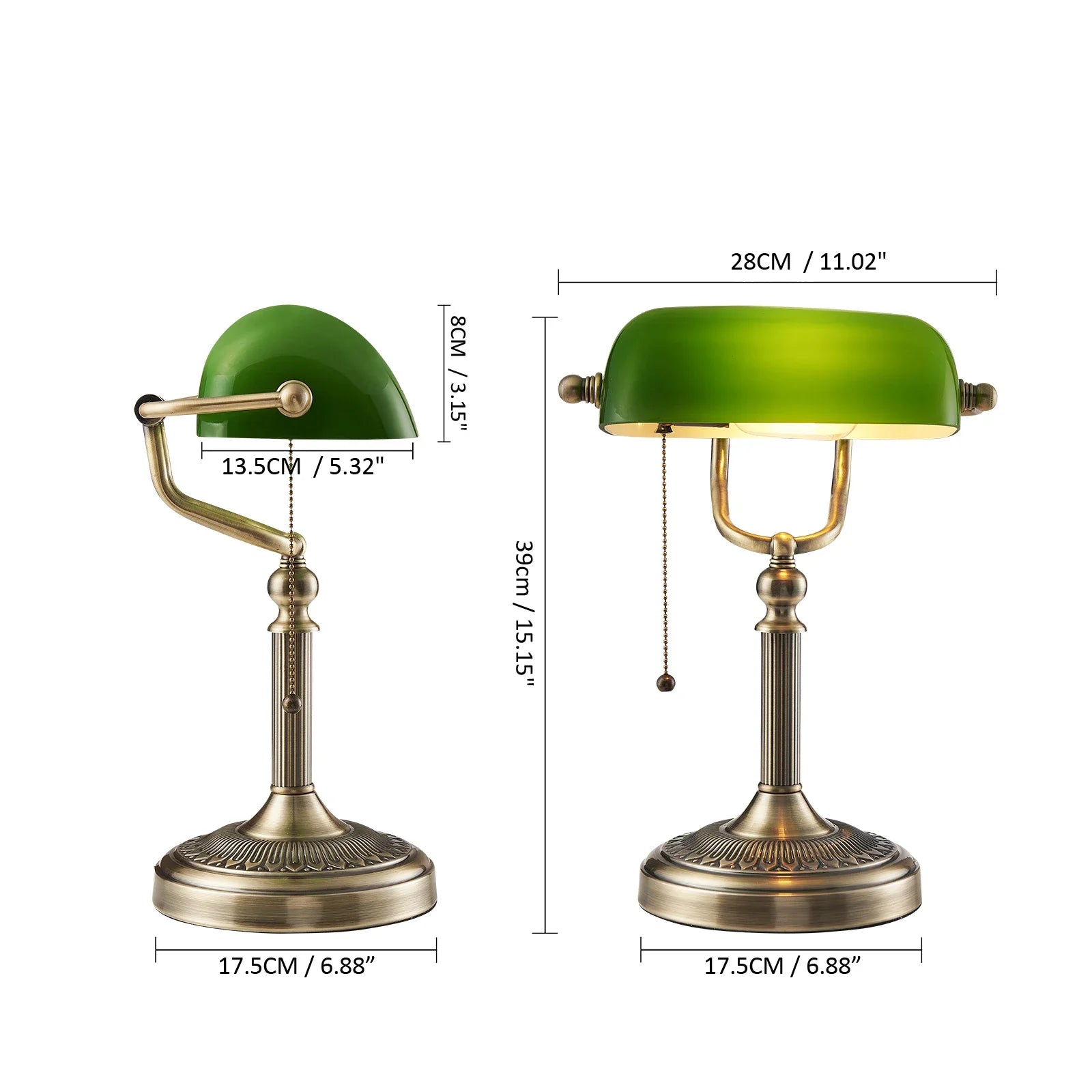 Classic Green Glass Banker’s Desk Lamp with Pull Chain Switch – Table Light for Home, Office & Library | Pixel & Parcel Co.