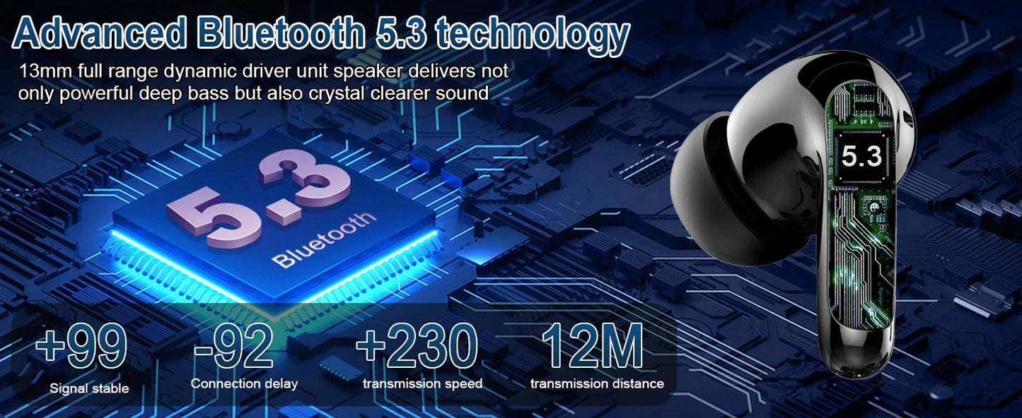 Wireless Bluetooth 5.3 Earphones – Noise Cancelling In-Ear Headphones with 4 ENC Mics & 48 h Battery Life