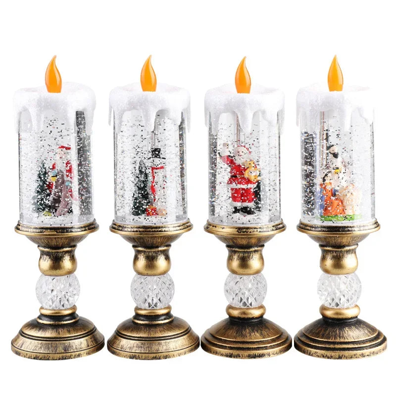 Christmas Decorations & Candles – Crystal Snow Lights Holiday Gift Scene Layout