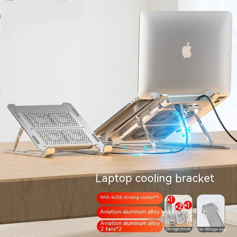 Foldable Laptop Stand with Cooling Fan & USB Hub – Adjustable Aluminum ≤17″