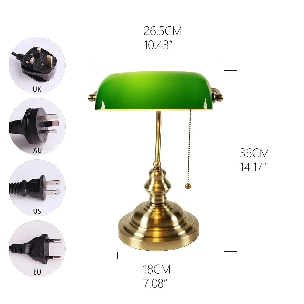 Classic Green Glass Banker’s Desk Lamp with Pull Chain Switch – Table Light for Home, Office & Library | Pixel & Parcel Co.