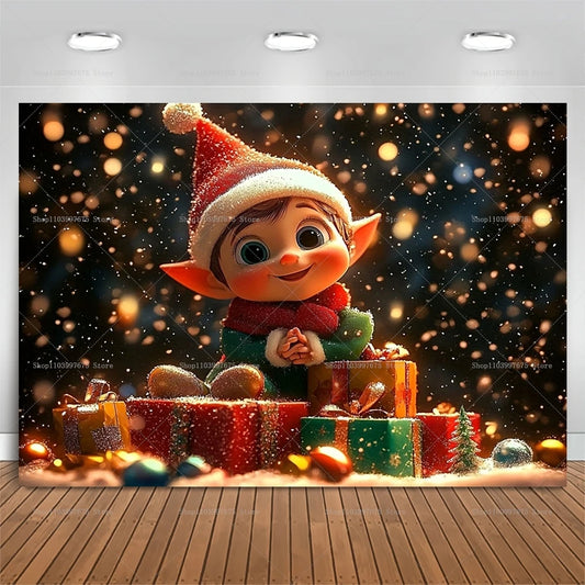 Christmas elf scene backdrop snow village