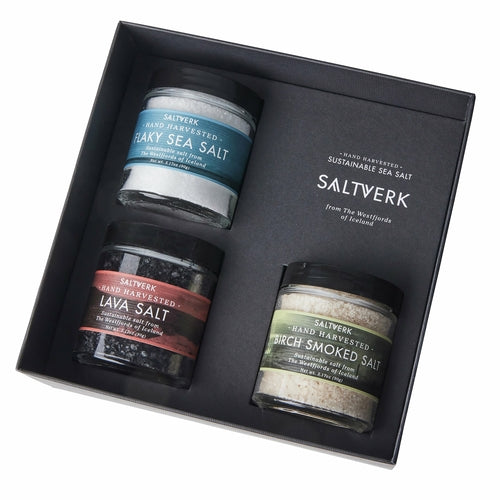 Luxury Saltverk gift box with Pure, Lava and Birch smoked sea salts
