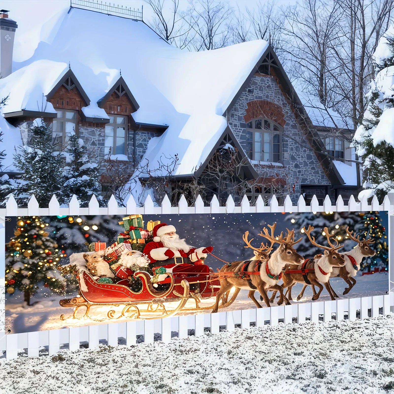 Christmas flag featuring Santa Claus and reindeer sleigh outdoor holiday decoration