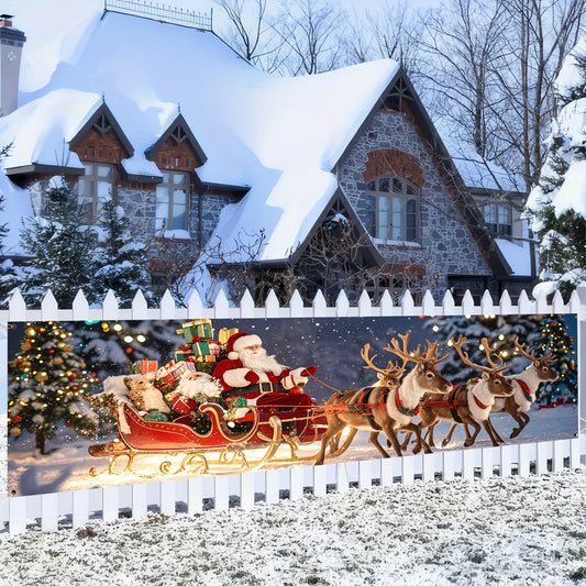 Christmas flag featuring Santa Claus and reindeer sleigh outdoor holiday decoration