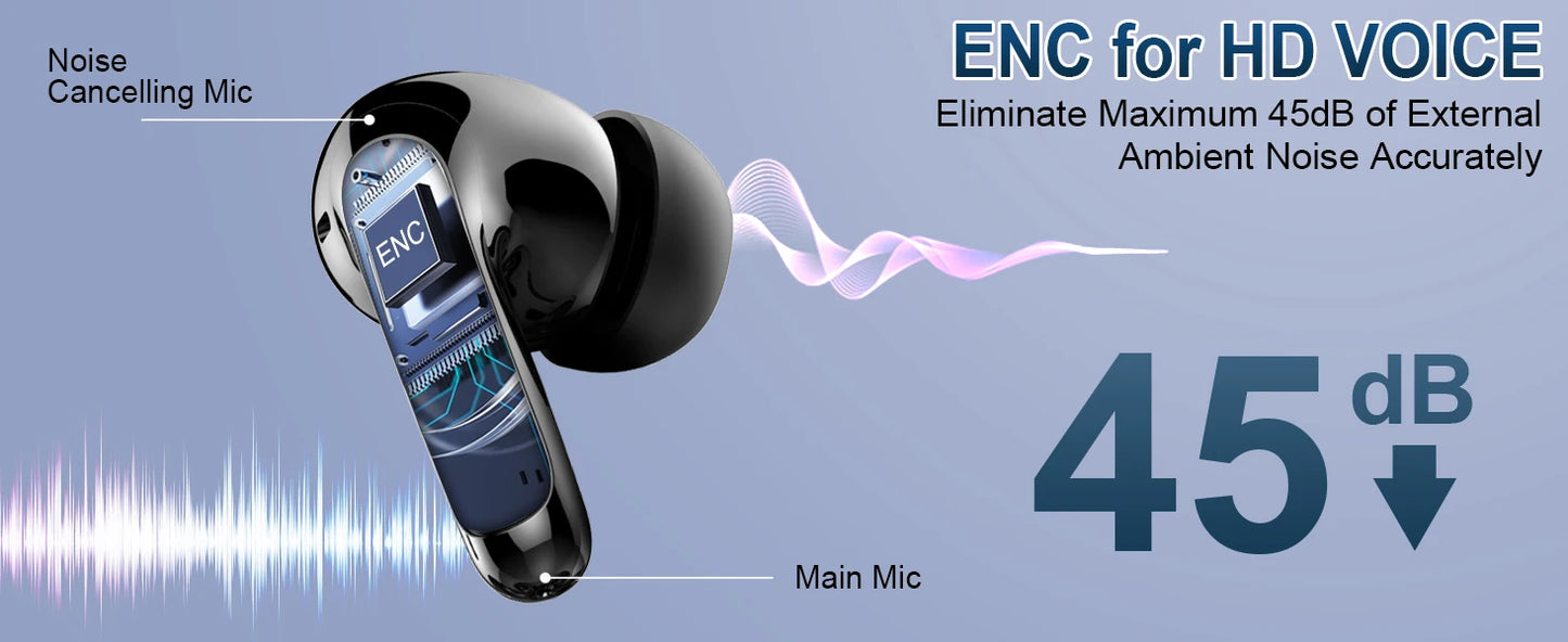 Wireless Bluetooth 5.3 Earphones – Noise Cancelling In-Ear Headphones with 4 ENC Mics & 48 h Battery Life