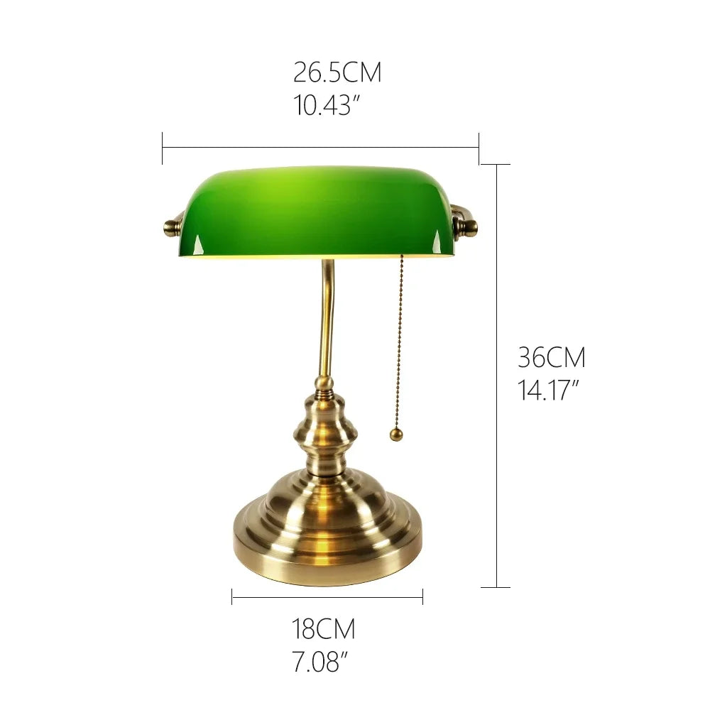 Classic Green Glass Banker’s Desk Lamp with Pull Chain Switch – Table Light for Home, Office & Library | Pixel & Parcel Co.