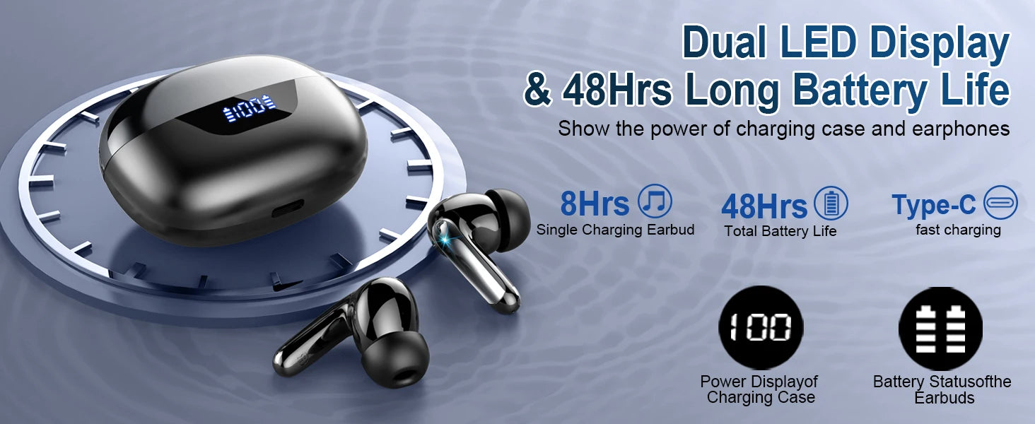 Wireless Bluetooth 5.3 Earphones – Noise Cancelling In-Ear Headphones with 4 ENC Mics & 48 h Battery Life