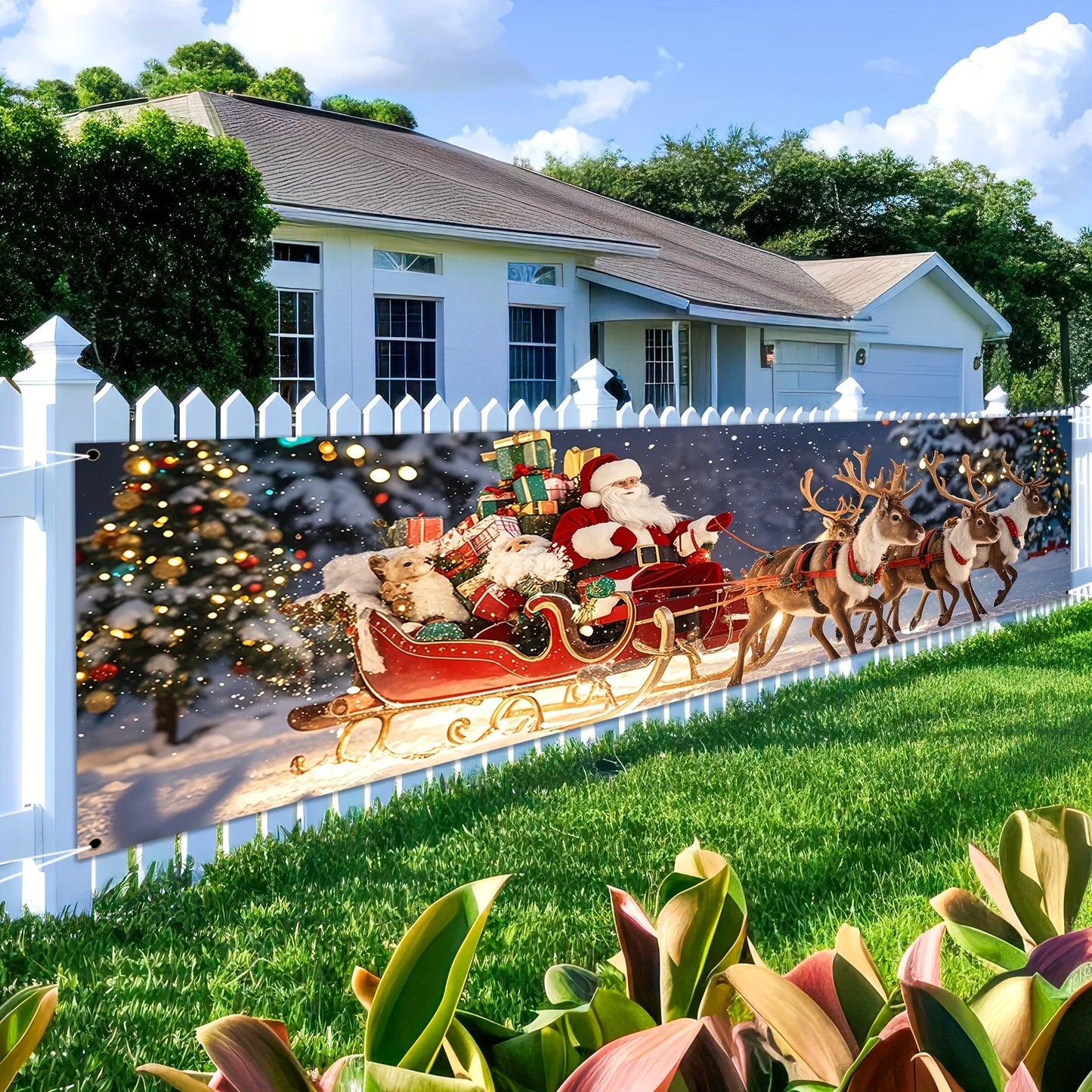 Christmas Flag – Santa Claus & Reindeer Sleigh Outdoor / Indoor Holiday Décor