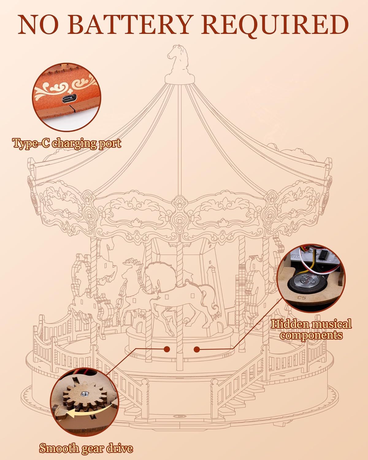 ROBOTIME 3D Wooden Puzzle – Classic Carousel Music Box with LED Lights, Model Kit for Adults