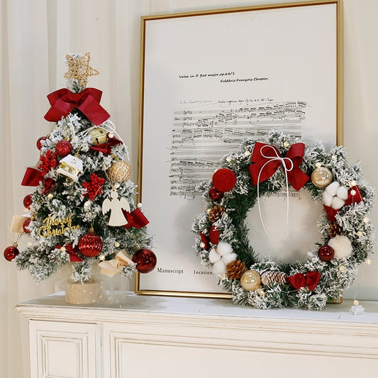 60cm flocking Christmas wreath and fruit tree with lights, available in golden or red, with snowflakes and Santa Claus options