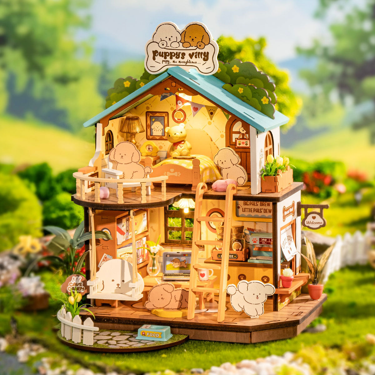 ROBOTIME DIY Miniature Dollhouse Kit – Puppy’s Cozy Villa with LED Lights & Furniture