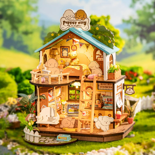 ROBOTIME DIY Miniature Dollhouse Kit – Puppy’s Cozy Villa with LED Lights & Furniture