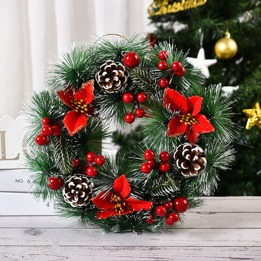 Handmade PVC Christmas wreath hanging decoration with knot, flower, fruit, and snow models