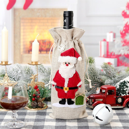 Christmas Wine Bottle Covers – 4PCS Linen Santa, Deer & Snowman Holiday Decoration Bags