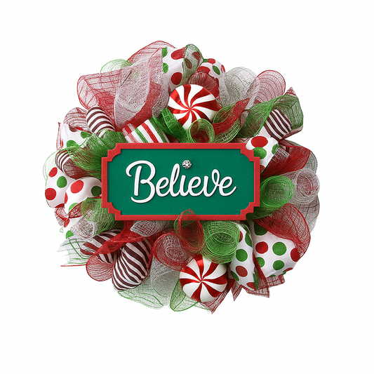 Believe Christmas wreath 42cm with ribbons and sign on door