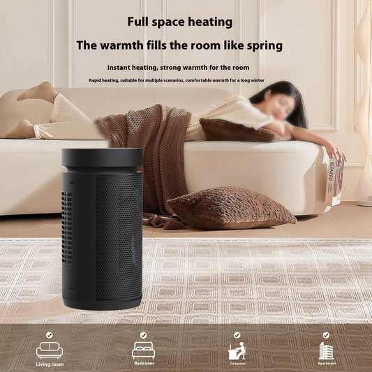 PTC space heater with remote control on a desk

Compact quick-heating home heater front view

Hand holding remote aimed at mini space heater

Portable PTC heater warming a small bedroom