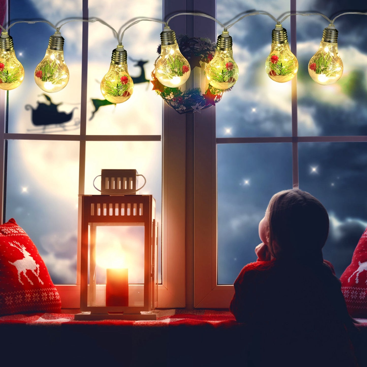 13.78FT Christmas Snow Globe String Lights – 10 LED Bulbs with Pine Needles, Snowflakes & Berries, Battery Powered