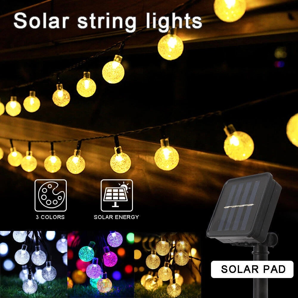 12M LED Solar Powered Retro Bulb String Lights – Outdoor Garden Fairy Ball Lamps