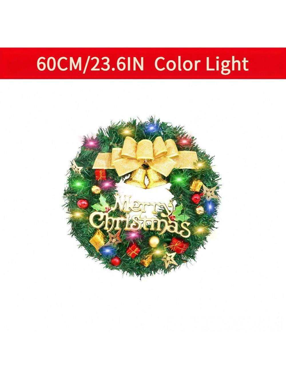 1 Piece of 24-inch Bell-Style Christmas Wreath with Warm & Coloured Light Options