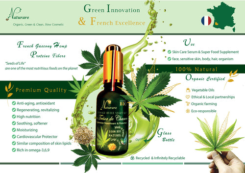 Organic Hemp Treasure Elixir – 100% Natural Multi-Purpose Oil Serum (Face, Hair & Food Supplement) – Made in France