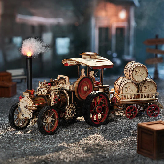 ROKR 3D wooden puzzle steam engine car model fully assembled

Close-up of mechanical gears in ROKR wooden car model kit

Teen assembling ROKR 3D wooden car puzzle pieces

Steam engine–style wooden car displayed on a desk