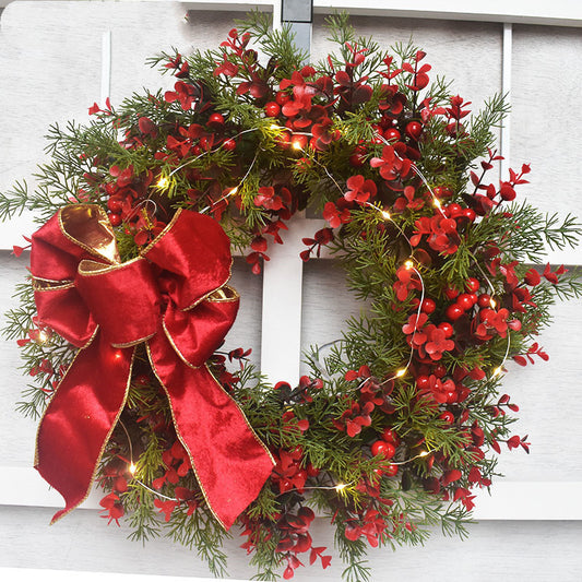 Artificial cherry pattern Christmas wreath with red rattan circle for door and wall decoration
