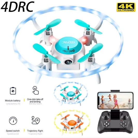 4DRC V5 mini drone with 720P HD wide-angle camera in flight

Beginner-friendly RC drone with remote controller

Compact kids drone with propeller guards on a desk

Child using 4DRC V5 drone outdoors