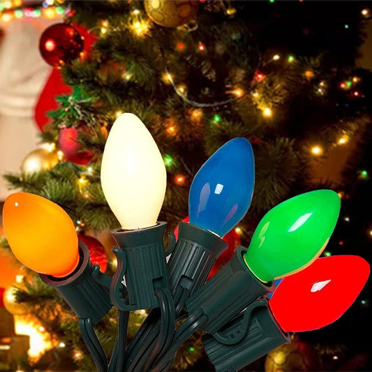 Colourful LED Christmas String Lights – Retro C9 bulb holiday decoration by Pixel & Parcel Co. UK