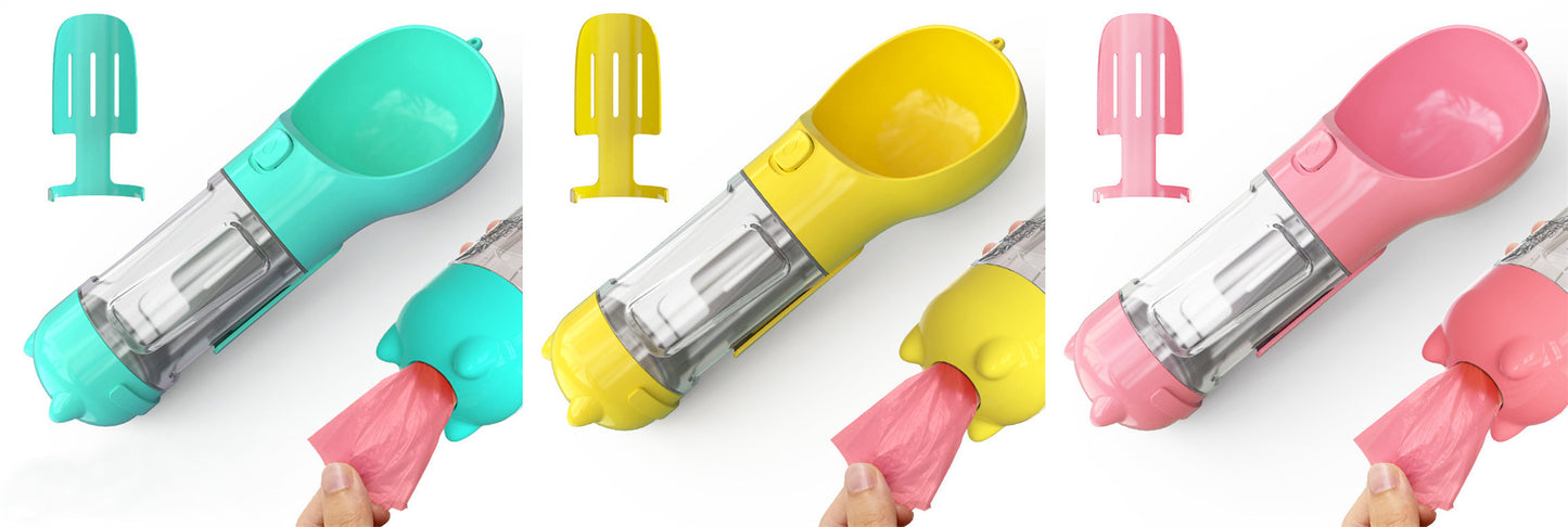 3-in-1 Portable Pet Water Bottle – Feeder Bowl & Garbage Bag Storage for Outdoor Travel