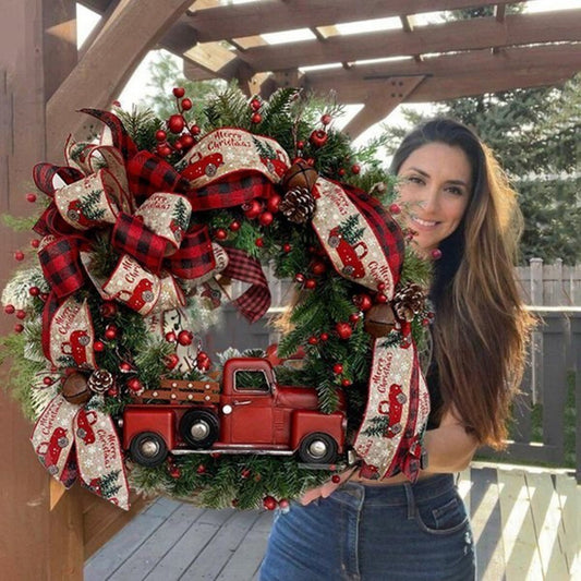 40cm Christmas Wreath with Red Truck Car bows & festive garlands – Indoor holiday decoration by Pixel & Parcel Co. UK